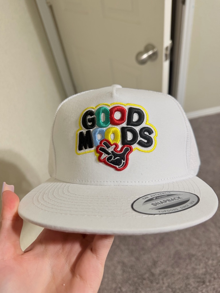 White Snapback Hat With Colorful "Good Moods" Patch